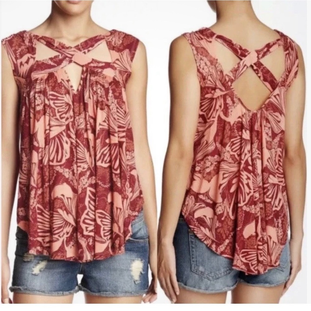 Free People Sugar Cane Tank Top womens Large Floral Crisscross